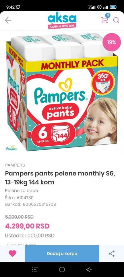 Prodajem pelene-gaćice Pampers Active baby: