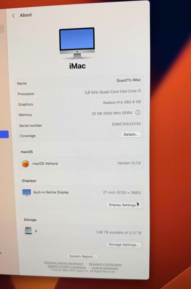 iMac 27” Retina 5K / i5 3.8GHz / 32GB RAM / Radeon Pro 580 8GB / SSD 2TB