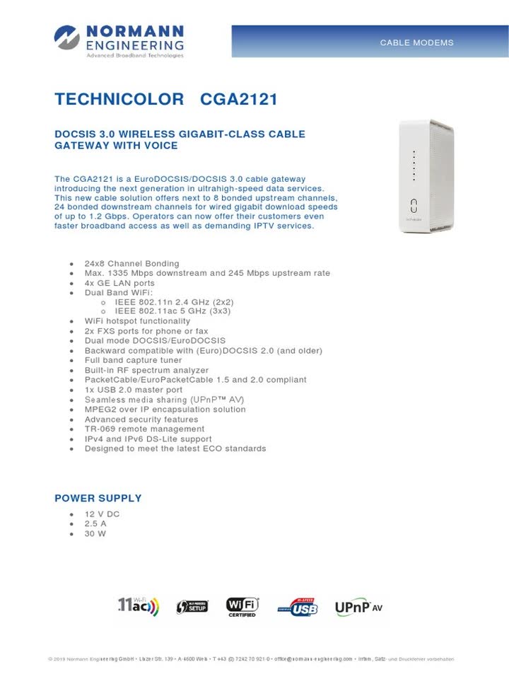 Продаётся модем Technicolor CGA2121 DOCSIS 3.0