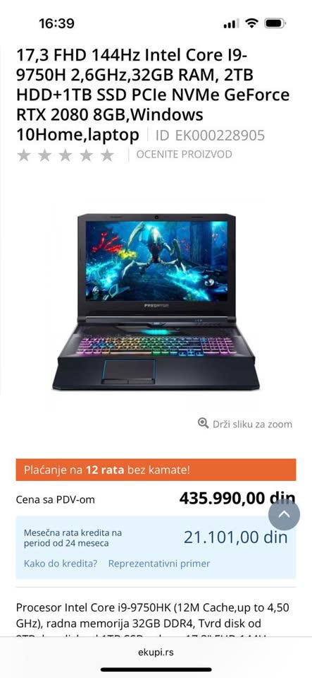 Prodajem gejmerski laptop Acer Predator Helios 700 (za delove ili za obnovu)