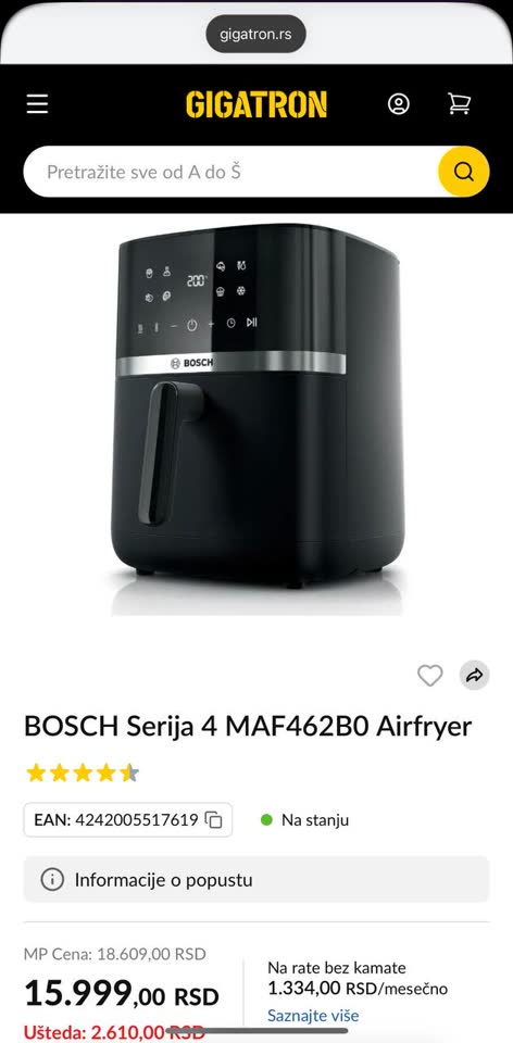 Prodajemo air fryer / air fryer BOSCH Series 4 MAF462B0
