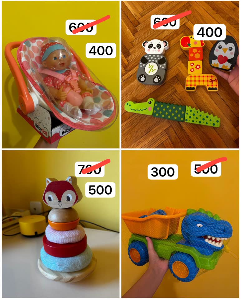 Igračke: lutka, drveni puzzle, piramida-igračka sa klackanjem, kamion-dinosaur