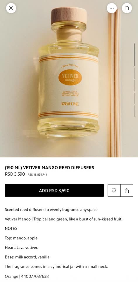 Aroma difuzor Zara Home La Gelateria Vetiver Mango, 120 ml