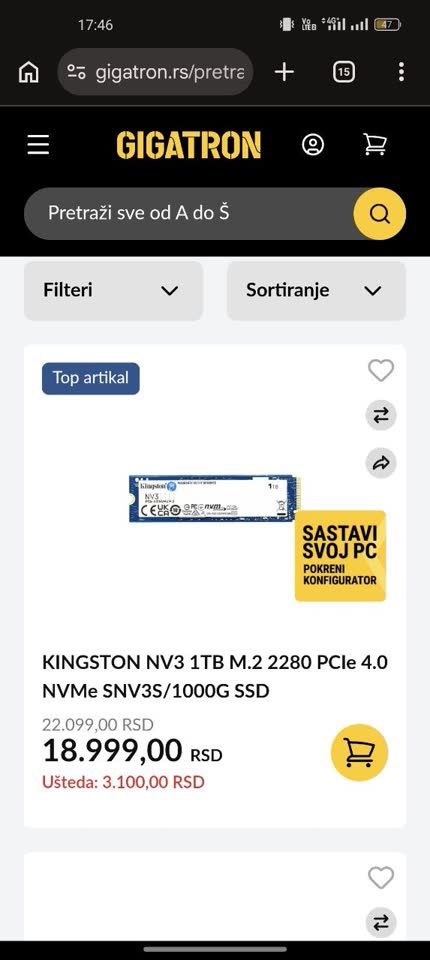 Продам SSD диск KINGSTON NV3 1TB M.2 NVMe PCIe 4.0 SSD - SNV3S/1000G