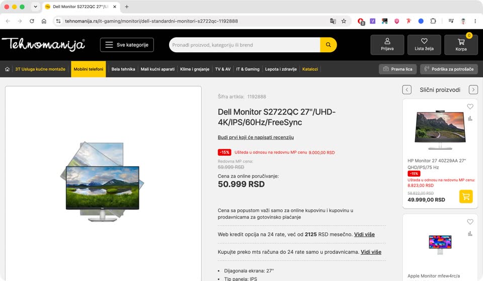 Dell S2722QC – 27" 4K UHD monitor (USB-C)