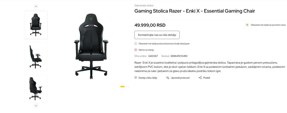 Prodajem stolicu Gaming Stolica Razer Enki X Essential Gaming Chair