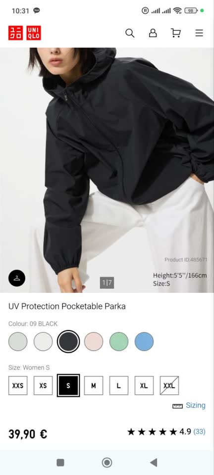 Uniqlo UV protection pocketable parka - size S