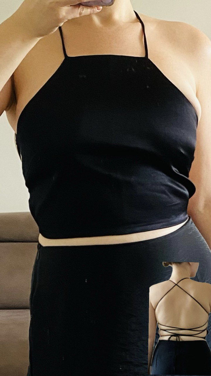1. Satin black halter top zara with open back and lacing at the back, size m