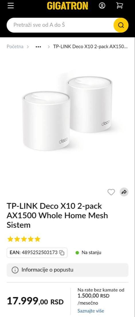 Mesh sistem TP-Link Deco X10 (Wi-Fi 6, 2 jedinice AX1500)