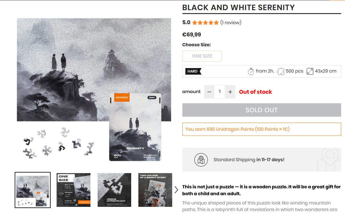 Деревянный пазл Unidragon Black and White Serenity