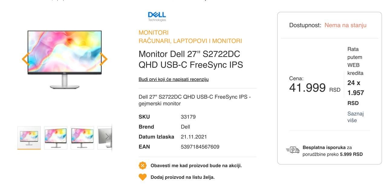 Prodajem monitor Dell 27 S2722DC QHD USB-C FreeSync IPS, korišćen godinu dana, cena 150 evra/17500