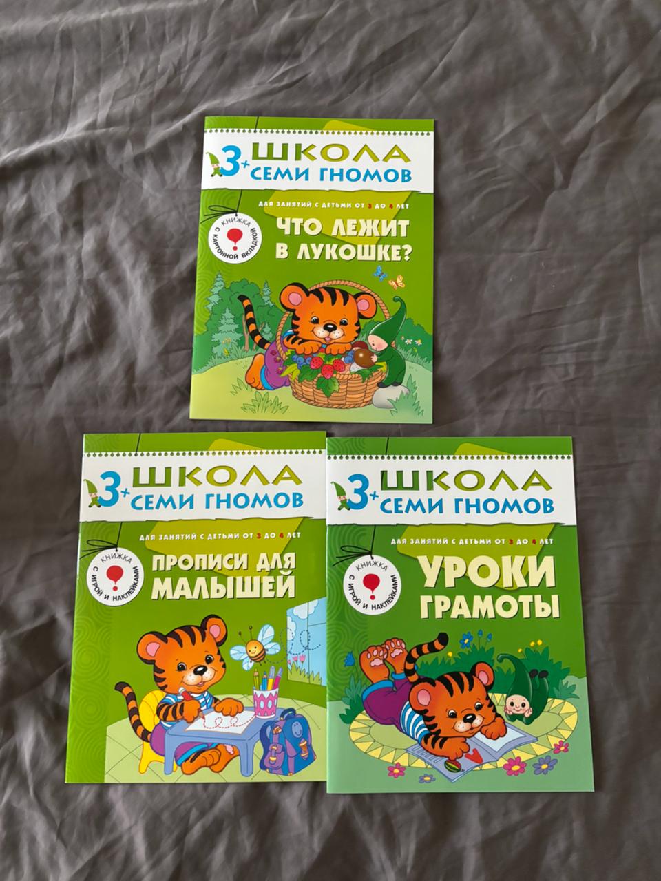 Три книжки школы семи гномов 3+ и книжка на сербском Диносауруси с заданиями