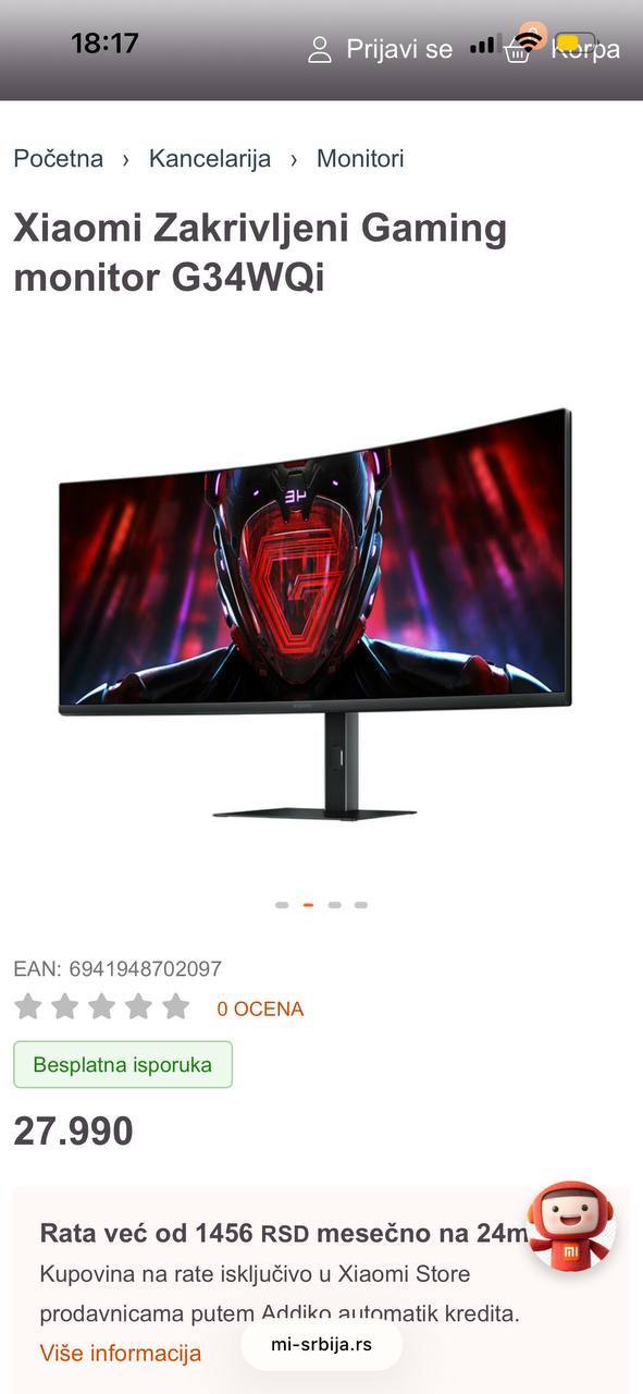 34-inčni zakrivljeni monitor Xiaomi Curved Gaming Monitor G34WQi