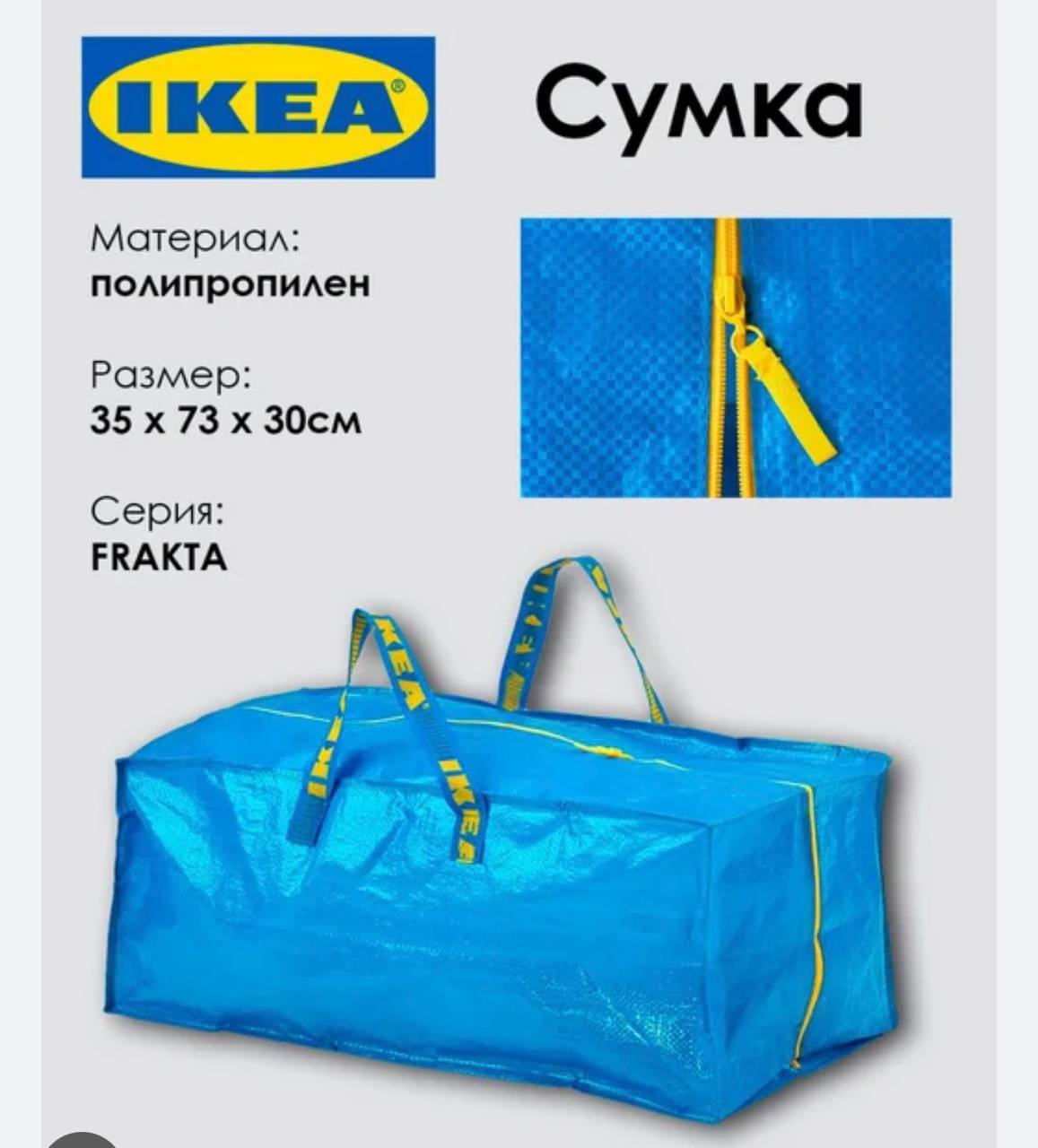 Большая синяя сумка ИКЕА ФРАКТА с молнией
