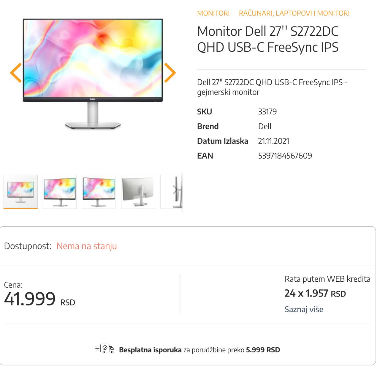 Monitor Dell 27 S2722DC QHD USB-C FreeSync IPS