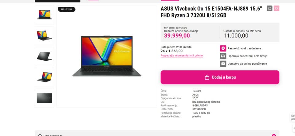 ASUS Vivobook Go 15 E1504FA-NJ889 15.6" FHD Ryzen 3 7320U 8/512GB