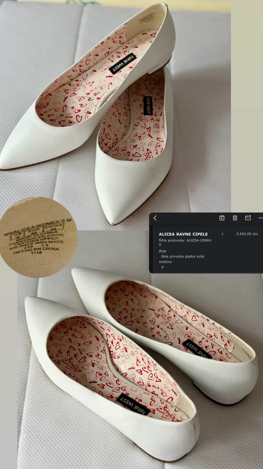 Bele kožne baletanke NineWest, ručno rađene Bianco torbe, torba Krokodil i Piton