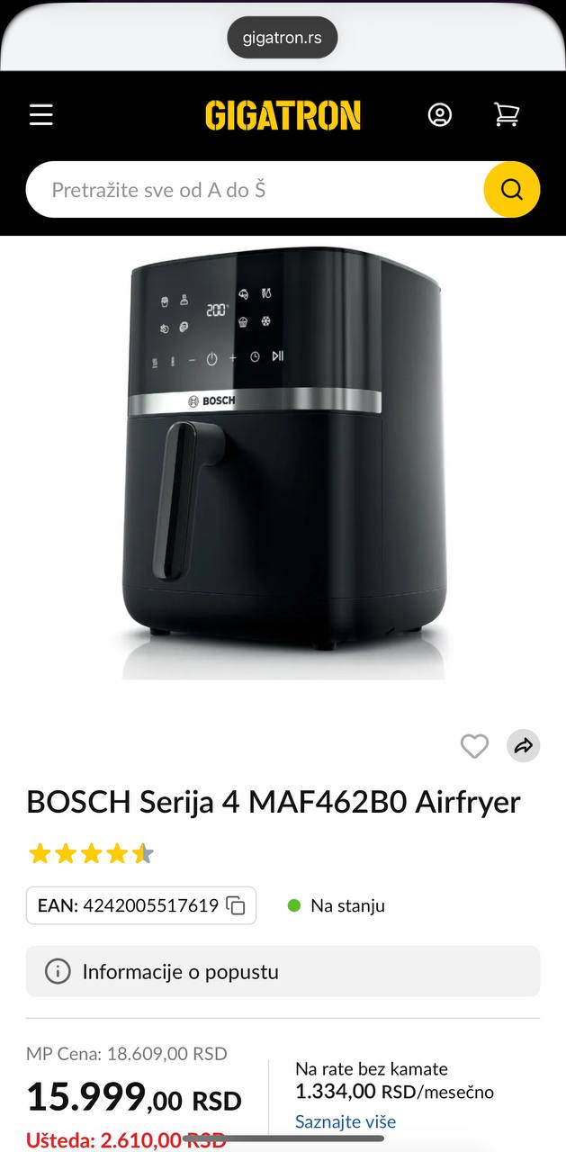 Prodajemo air fryer / air fryer BOSCH Series 4 MAF462B0